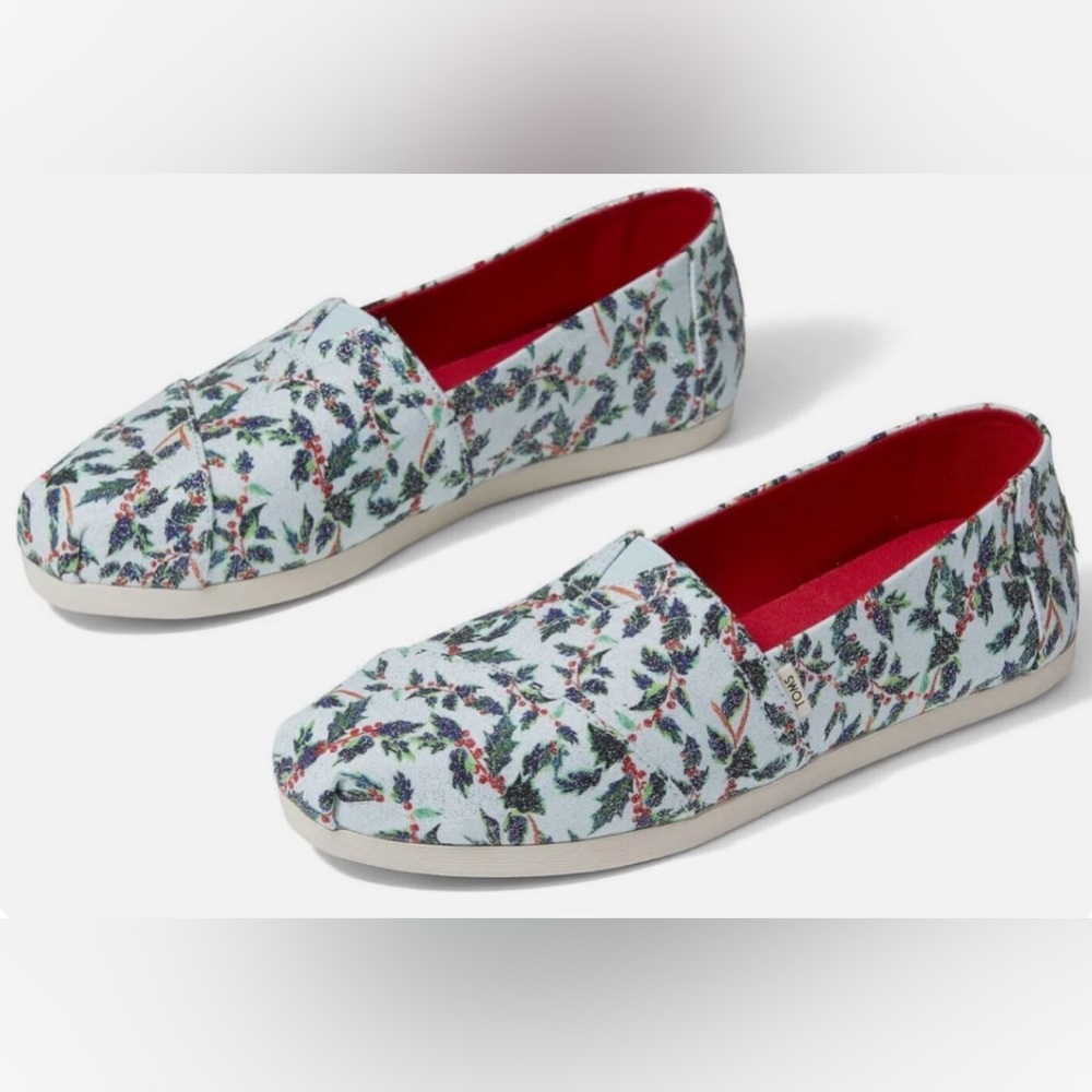 NWOB TOMS® Mint Holly Jolly Glitter Print Alpargatas Shoes